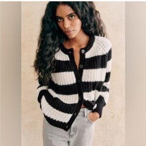Sezane Black and White Striped Cardigan